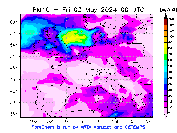 Previsione PM10 in Europa a cura di ARTA  Abruzzo e CETEMPS.